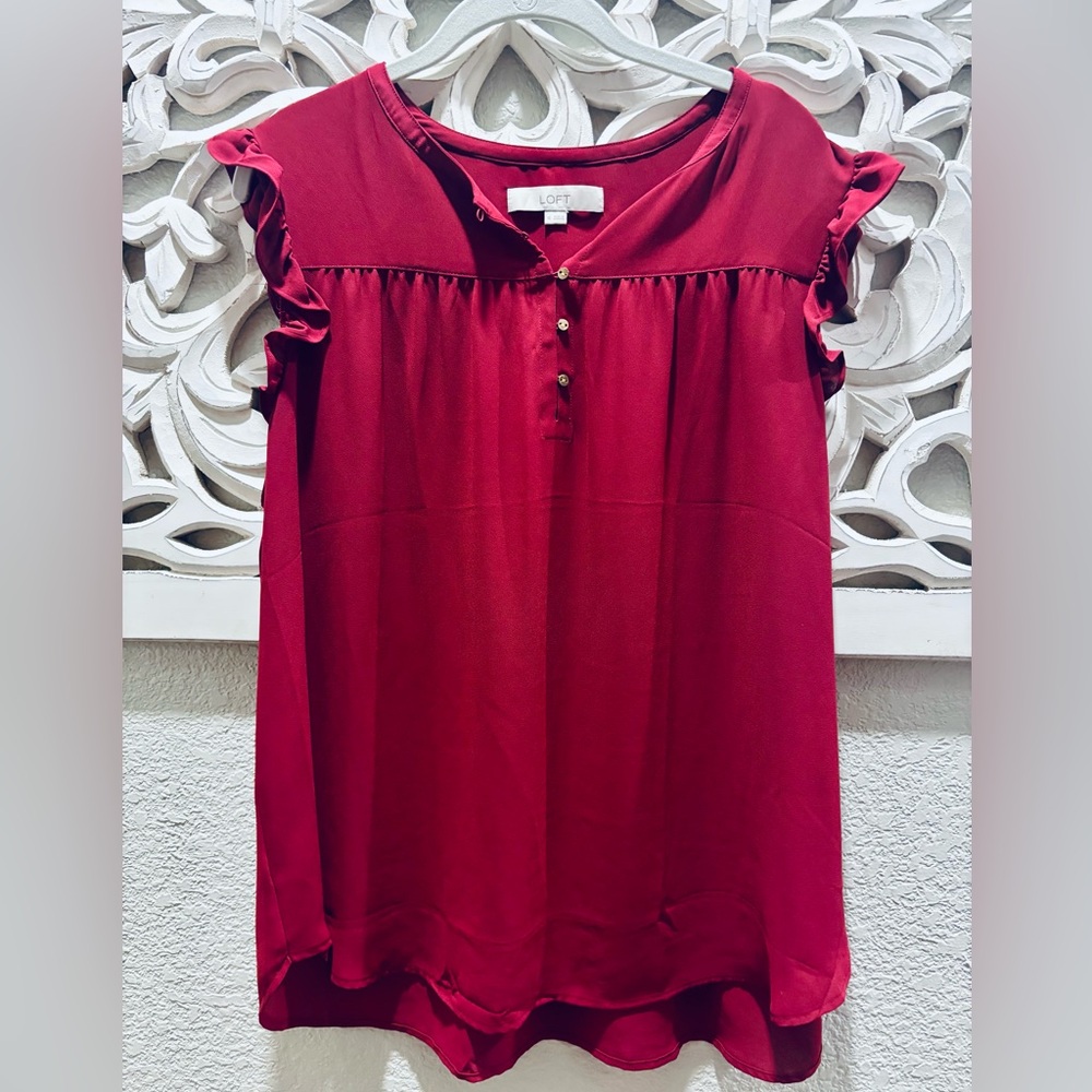 LOFT Women's Deep Red Ruffle Sleeve Top